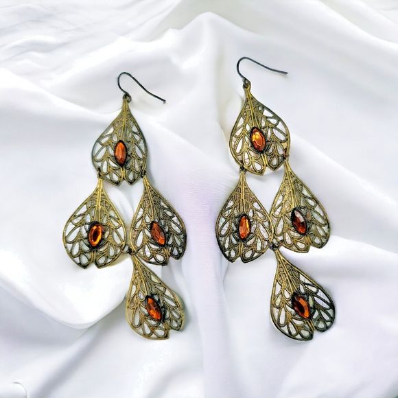 Filigree Leaf Earrings Vintage Long Chandelier Brown Marquise Gem Dangle Drop - Picture 1 of 8